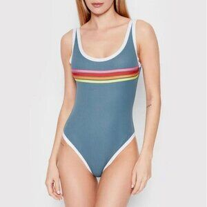RIP CURL Wave Shapers Stripe Cheeky One Piece Smoky Blue Retro Swimsuit Size S/M